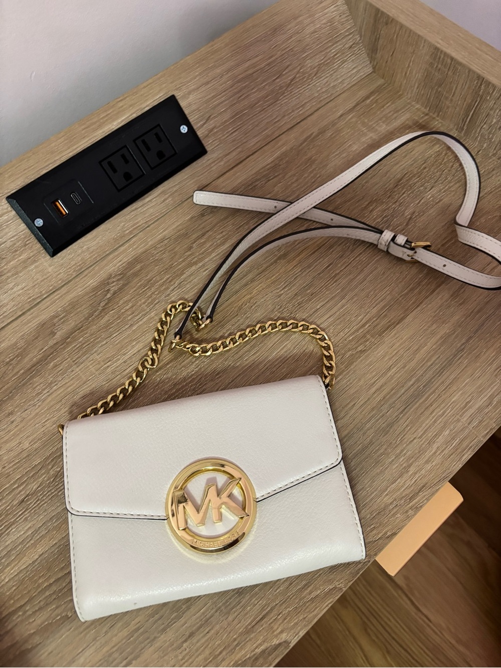 Michael Kors Cream Leather Crossbody with Gold MK Logo